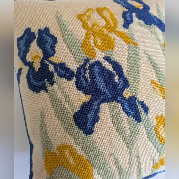 Vintage Needlepoint Floral Pillow. Yellow And Purple Iris. - Picture 4 of 6